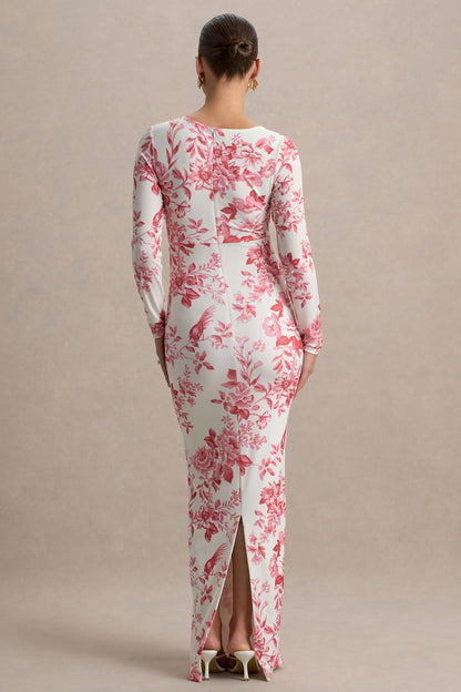 Vanette | Pink Floral Print Asymmetric Long-Sleeve Maternity Maxi Dress