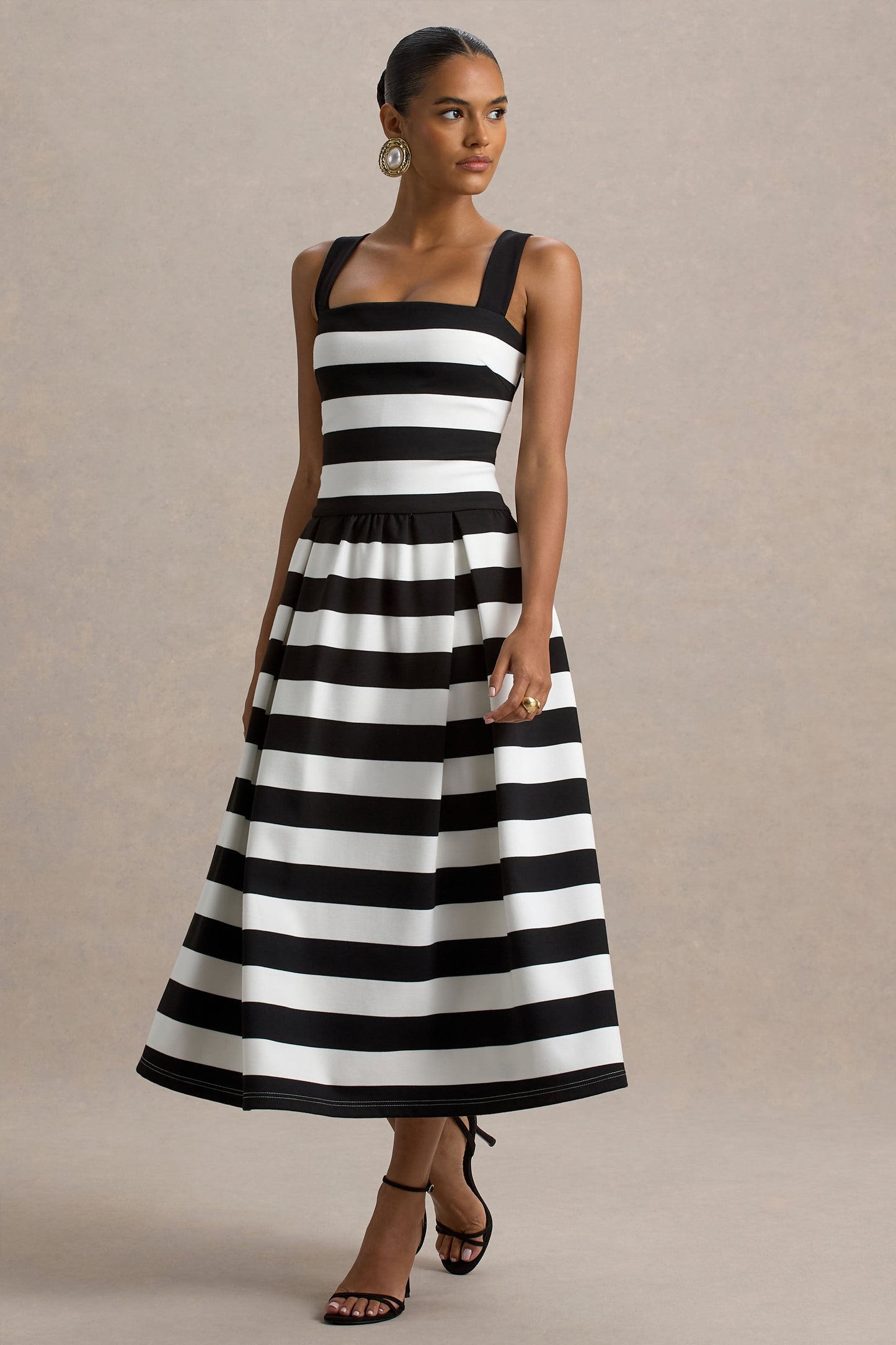 Monte Carlo | Black & White Striped Square-Neck Drop-Waist Midi Dress