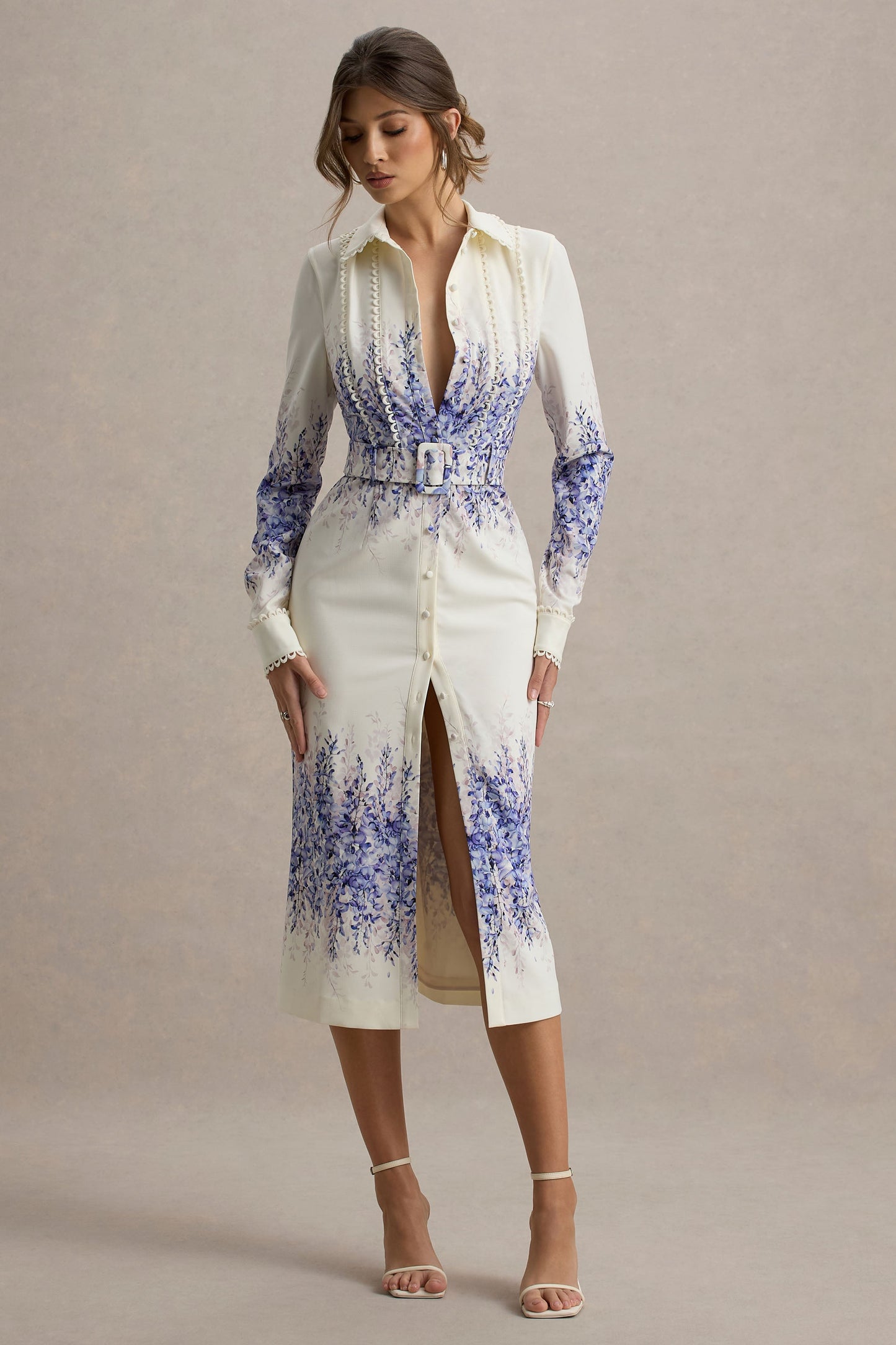 Zephy | Wisteria Print Belted Shirt Midi Dress