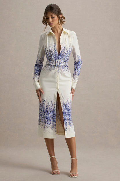 Zephy | Wisteria Print Belted Shirt Midi Dress