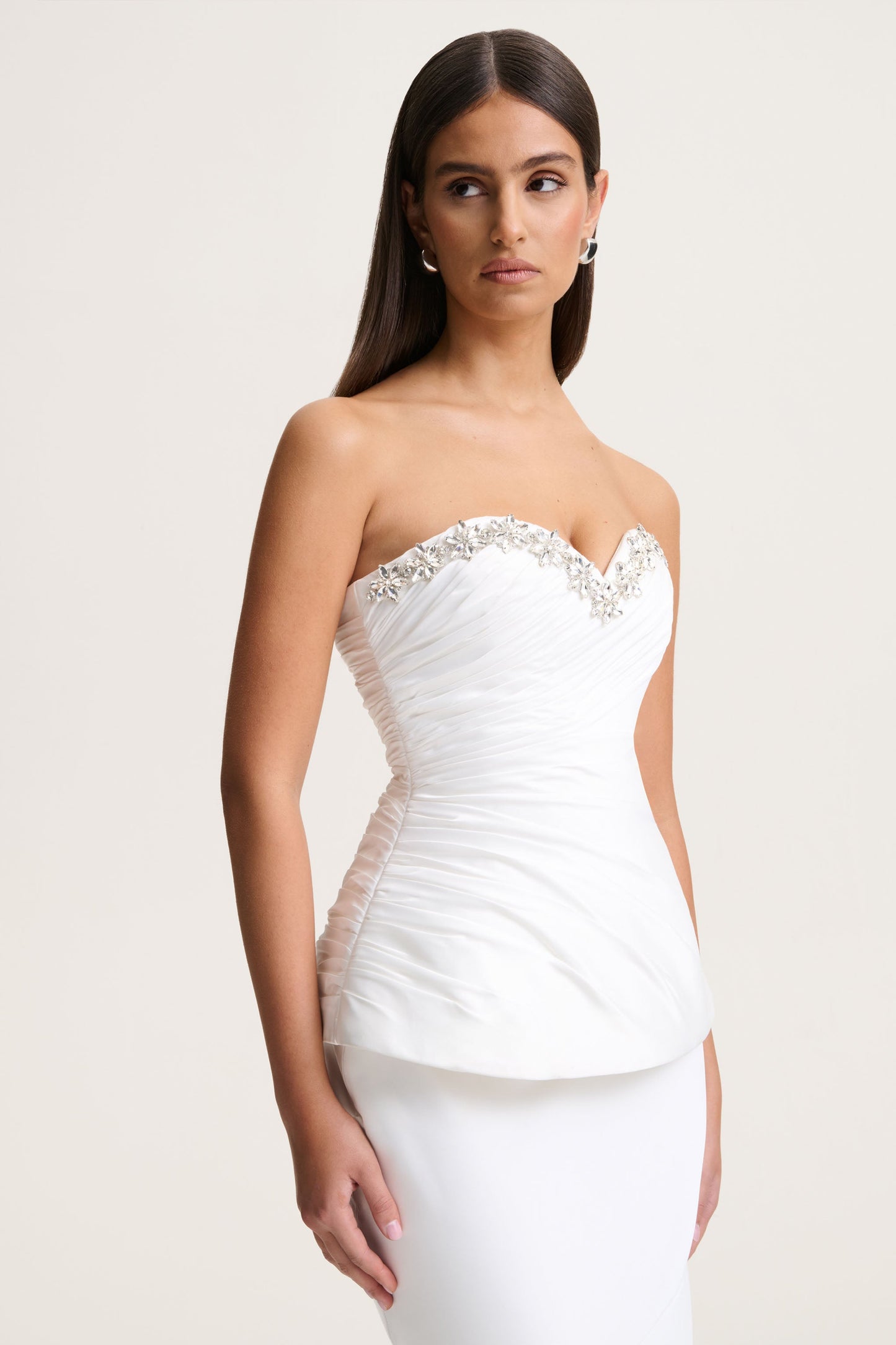 Ambria | White Satin Hand-Embellished Sweetheart-Neck Corset Top