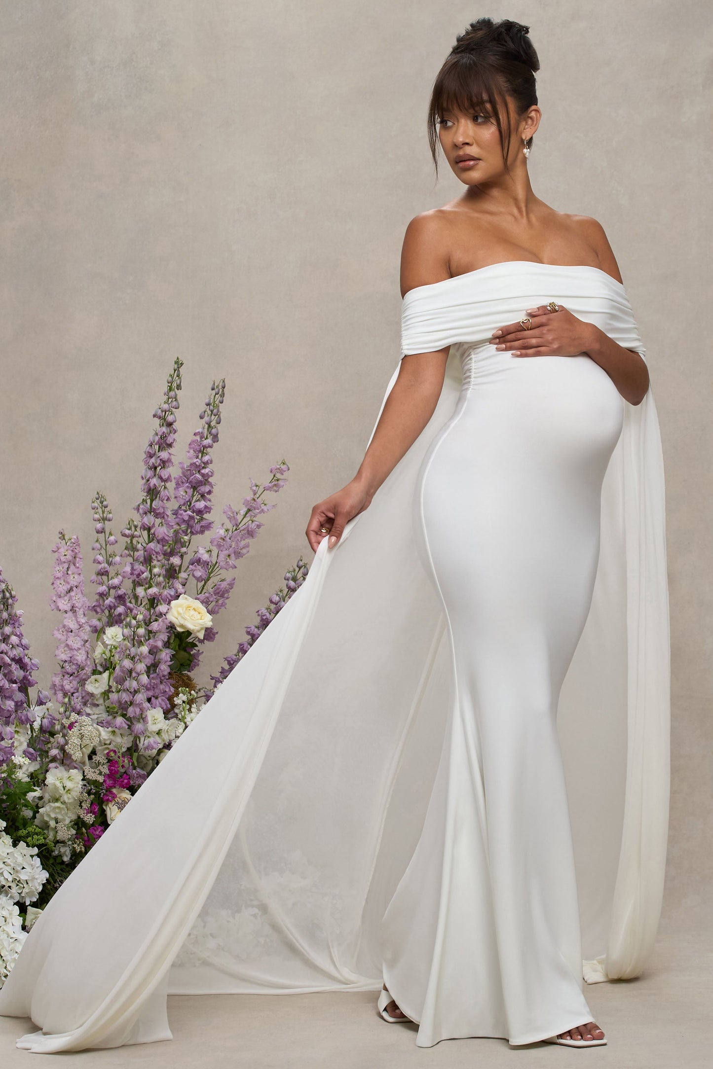 Carlotta | White Bardot Maternity Maxi Dress With Chiffon Cape