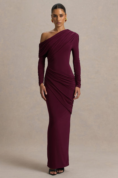 Perrie | Burgundy Asymmetric-Neck Maxi Dress With Ruched Detailing