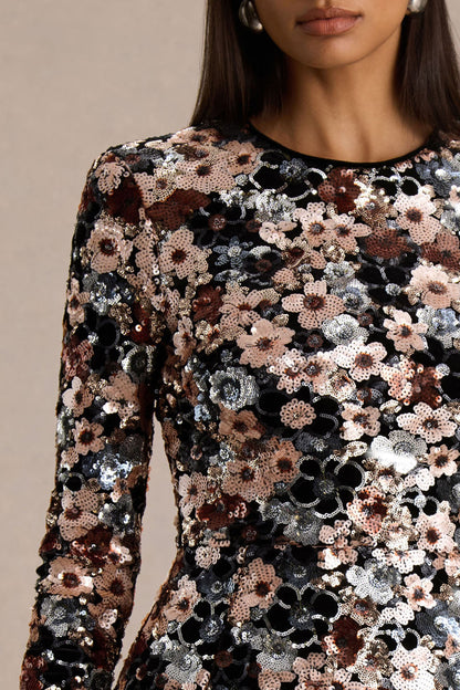 Adaline | Black Velvet & Embellished Sequin Floral Long-Sleeved Mini Dress