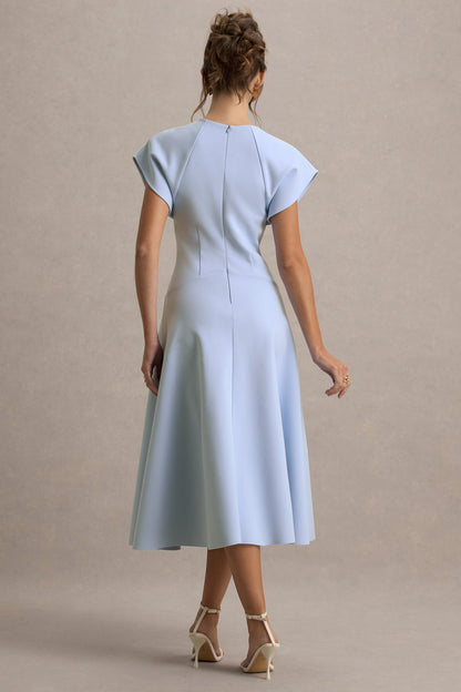 Linda | Powder Blue Crew-Neck Cap-Sleeve Midi Dress