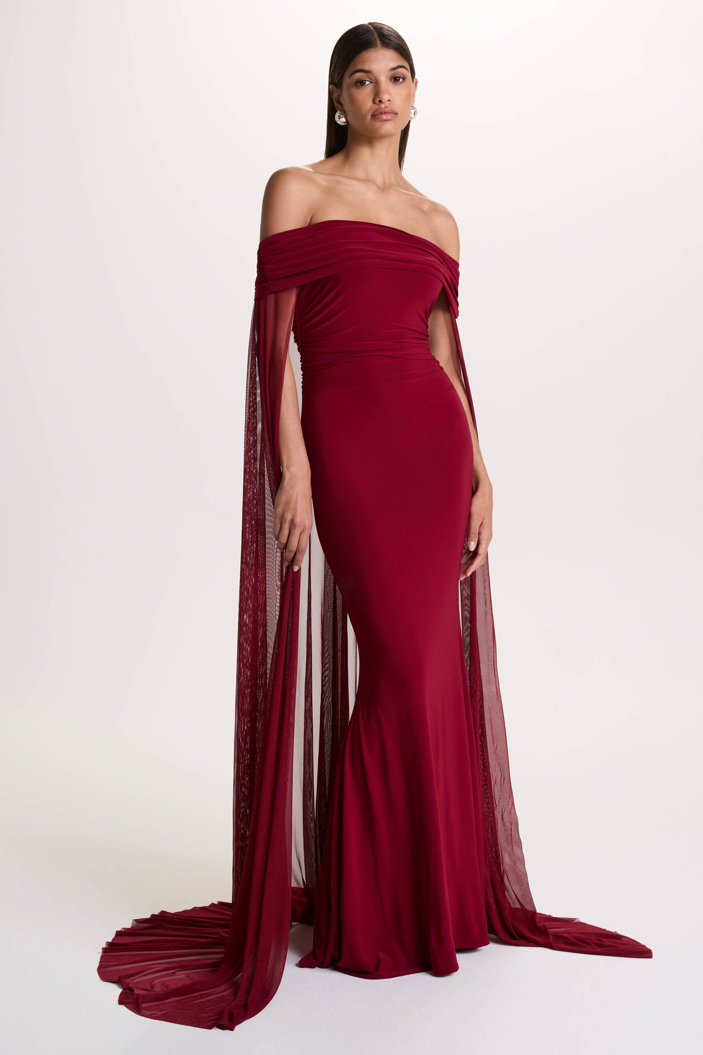 Carlotta | Berry Bardot Maxi Dress With Chiffon Cape