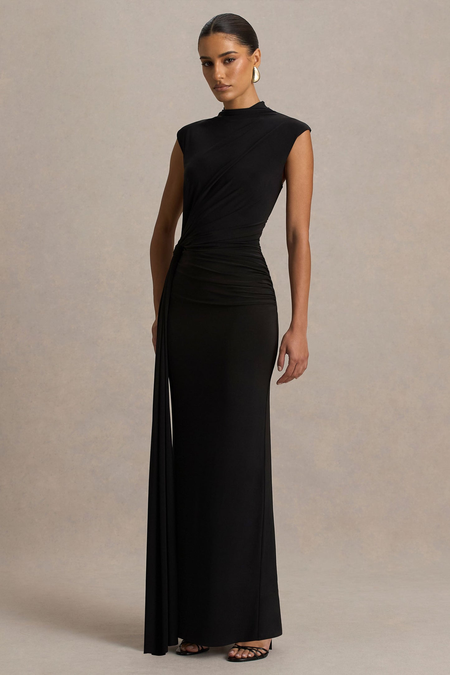 Solene | Black High-Neck Maxi Dress With Wrap And Drape Detail