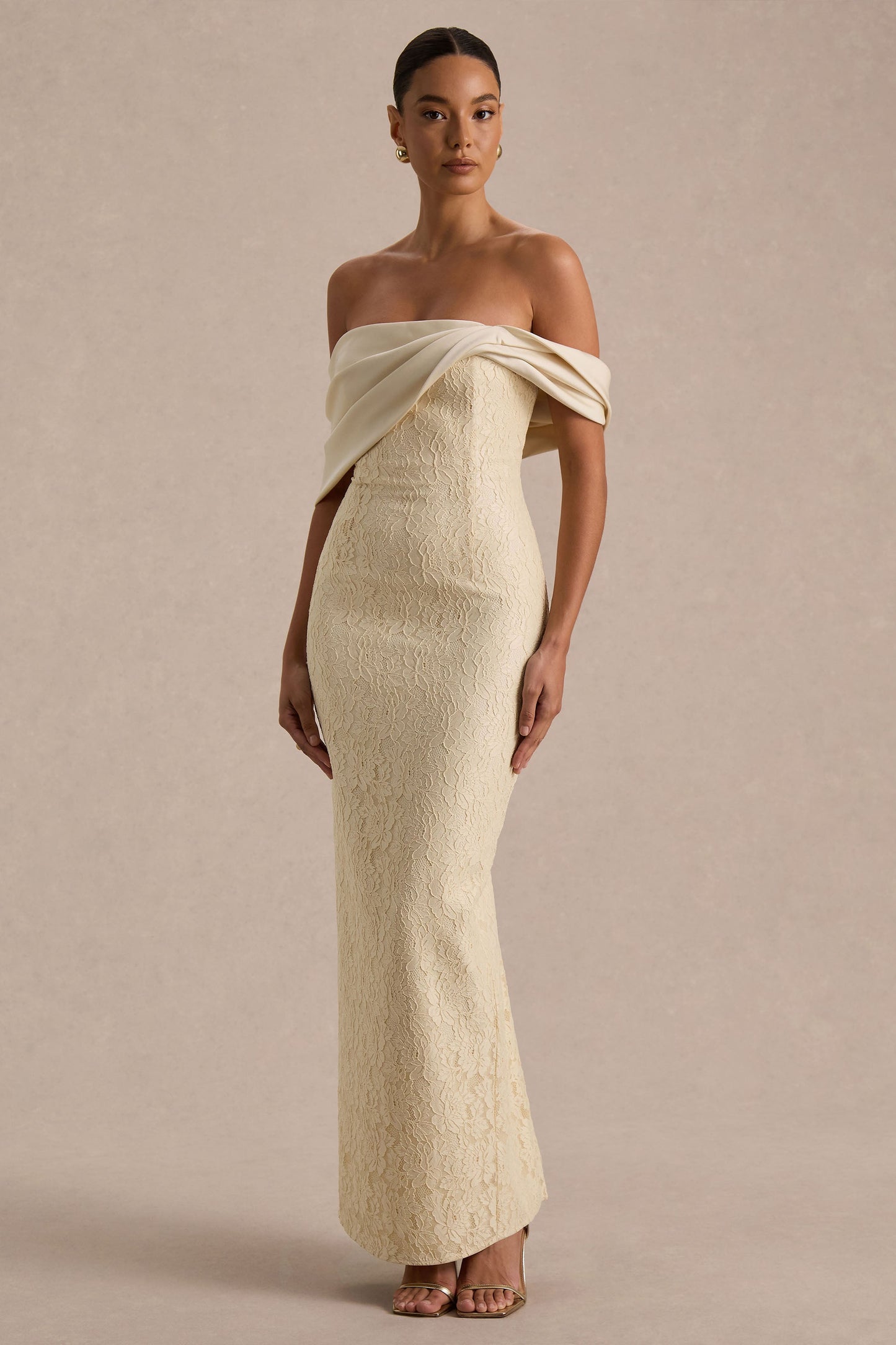 Solora | Cream Lace Twisted Bardot-Neck Maxi Dress