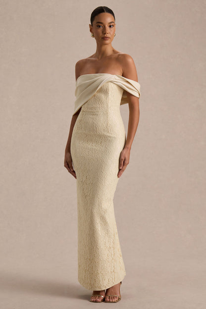 Solora | Cream Lace Twisted Bardot-Neck Maxi Dress