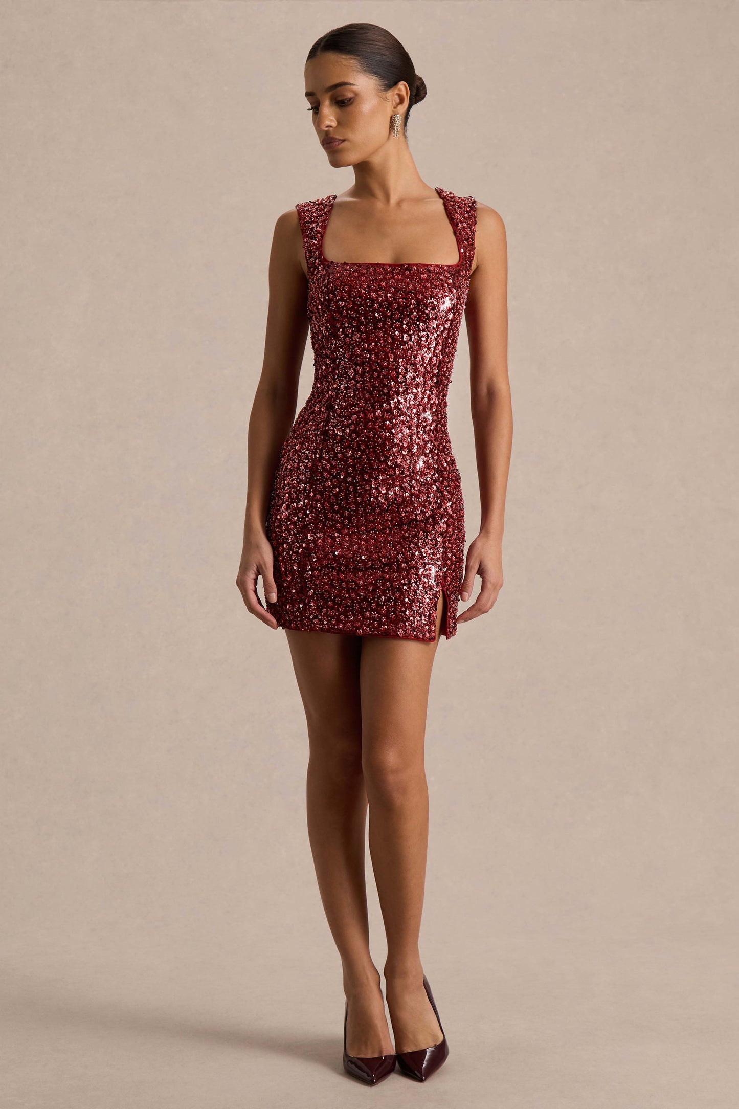 Elettra | Burgundy Sequin Square-Neck Mini Dress