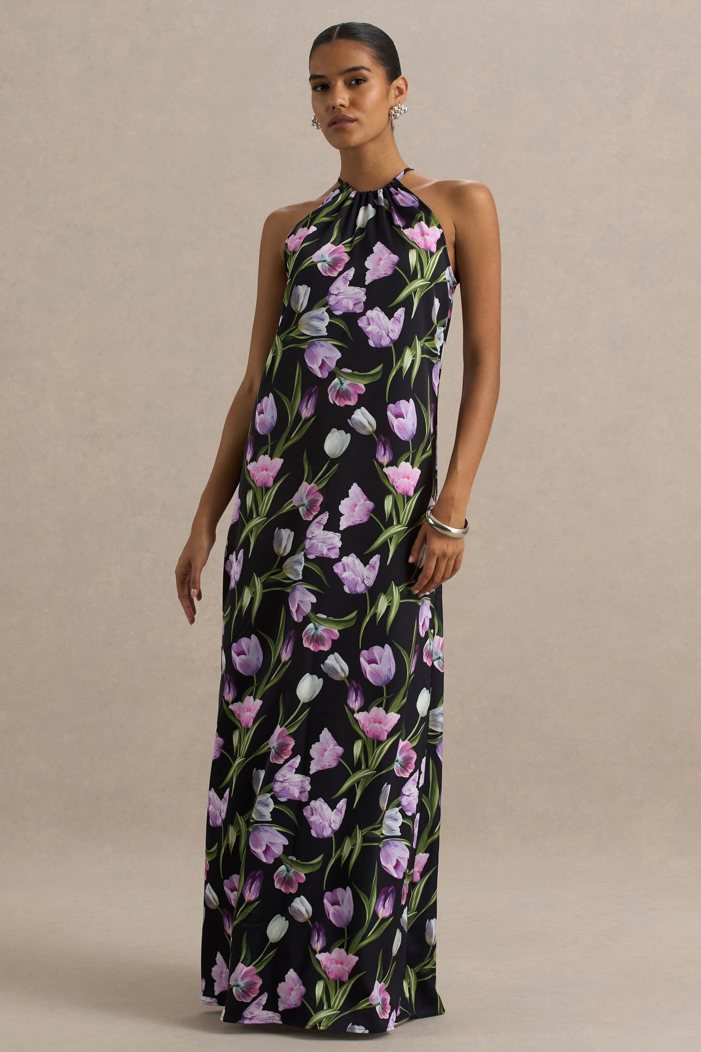 Svana | Black Satin Floral Asymmetric Halter-Neck Maxi Dress