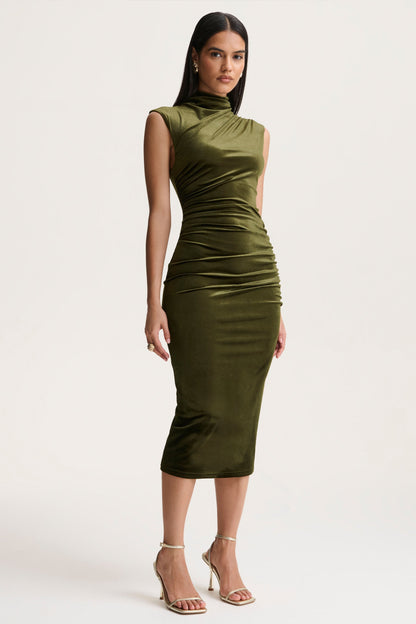 Novine | Olive Velvet High-Neck Midi Dress
