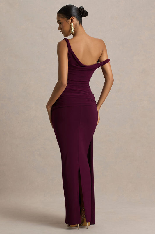 Tulisa | Burgundy Asymmetric-Neck Maxi Dress With Twist Sleeves And Ruched Detailing