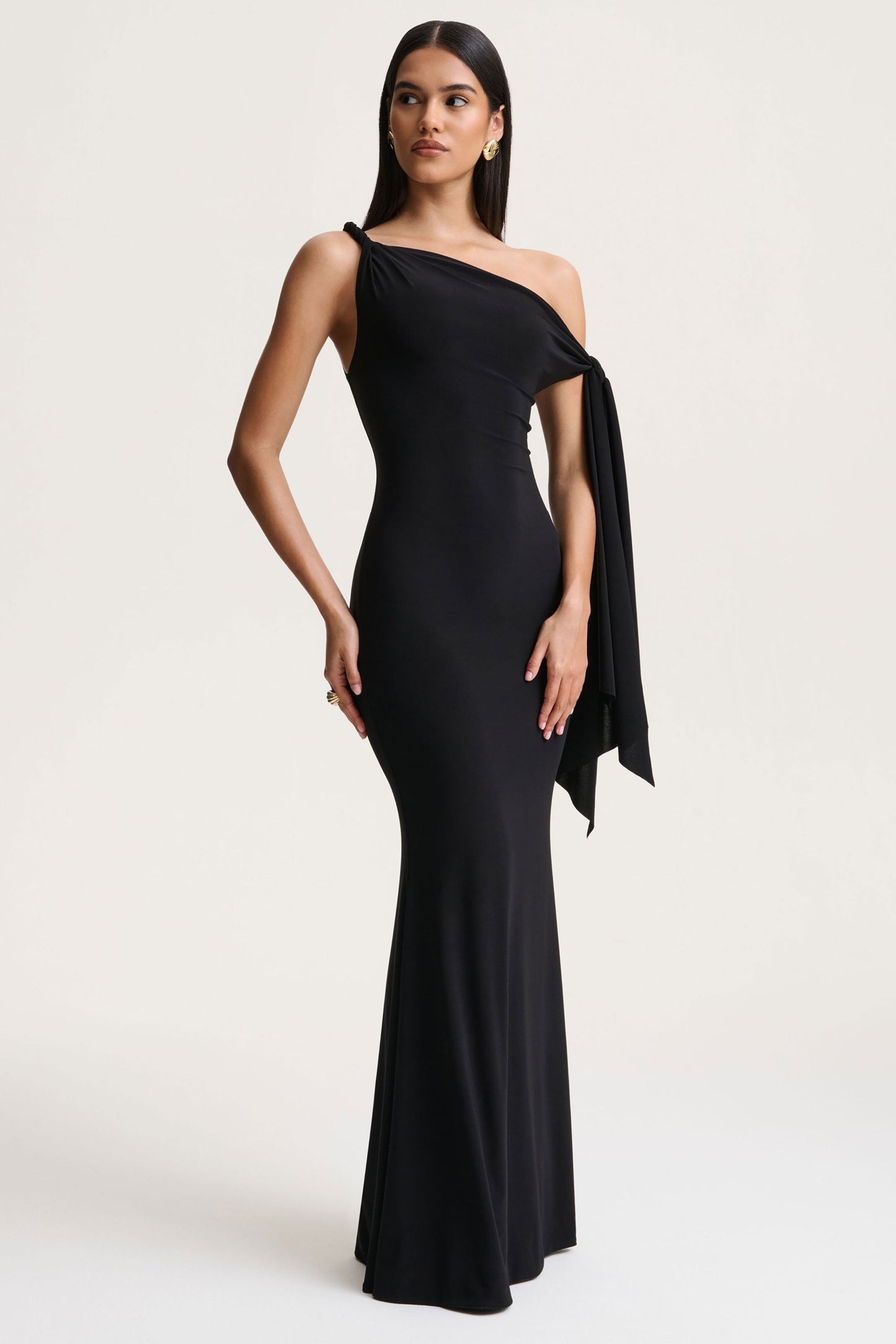 Vista | Black Asymmetric-Neck Maxi Dress With Knot-Sleeve Detail