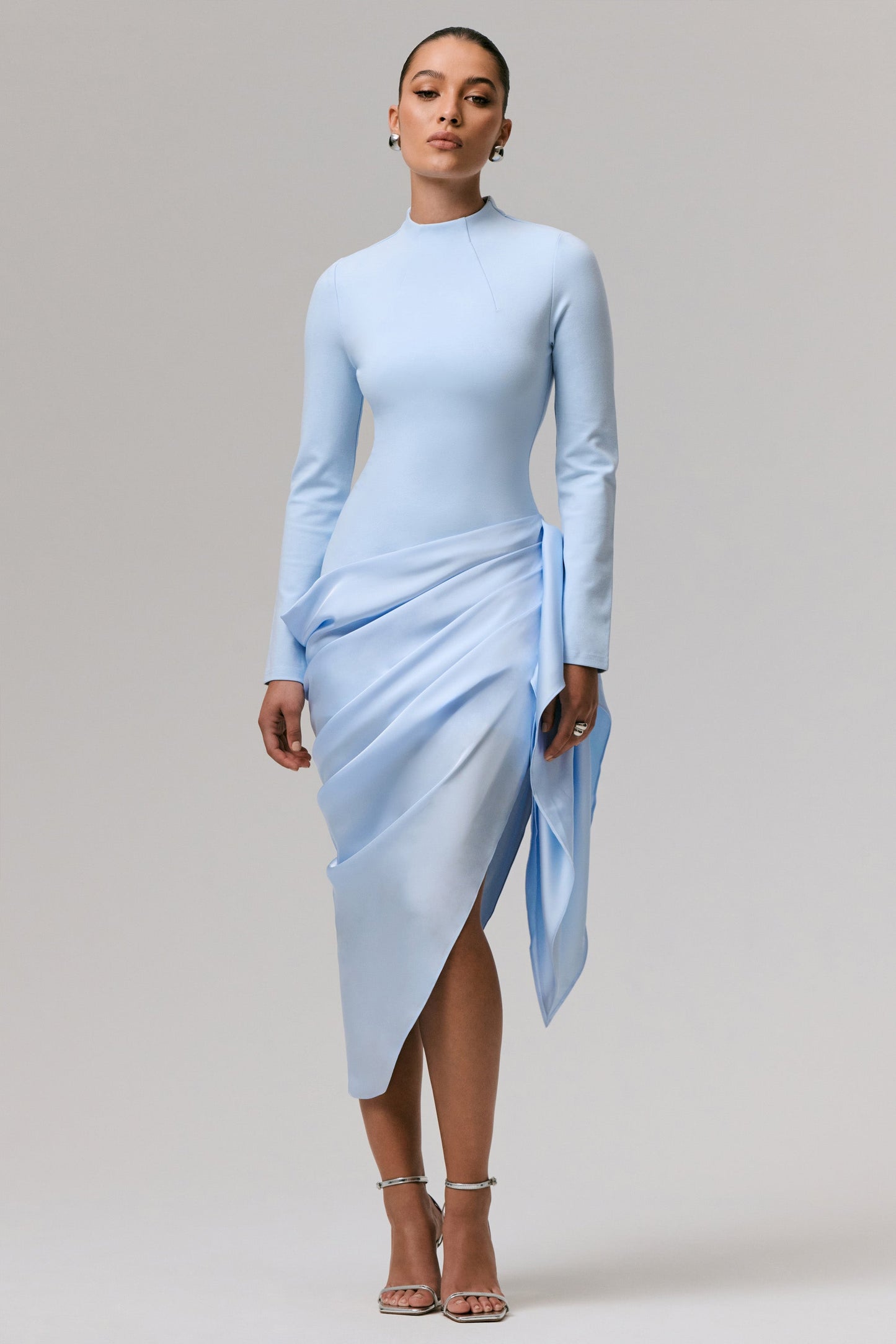Raffie | Powder Blue Long-Sleeve Midi Dress With Satin Wrap Skirt