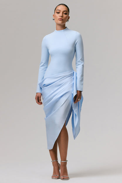 Raffie | Powder Blue Long-Sleeve Midi Dress With Satin Wrap Skirt