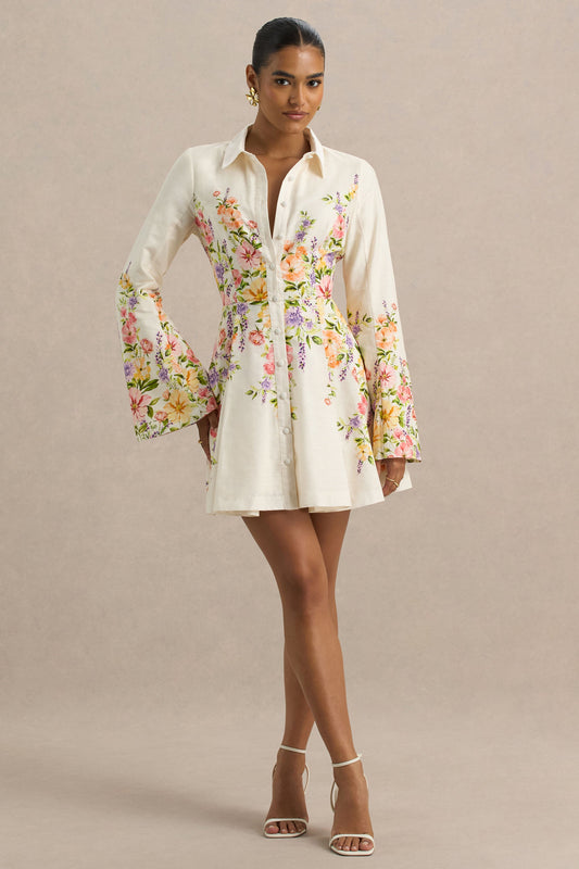 Alma | White Floral Border Print Shirt Mini Dress With Fluted Sleeves