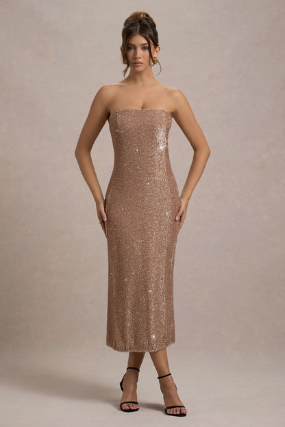 Lilabelle | Rose Gold Plisse Sequin Bandeau Midi Dress