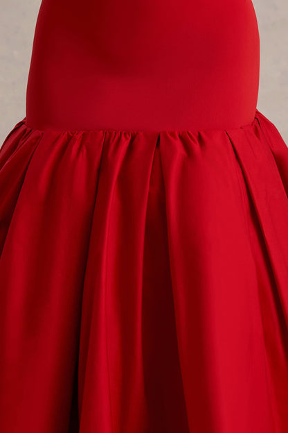 Parida | Red Poplin Drop-Waist Midi Dress With Peplum Hem