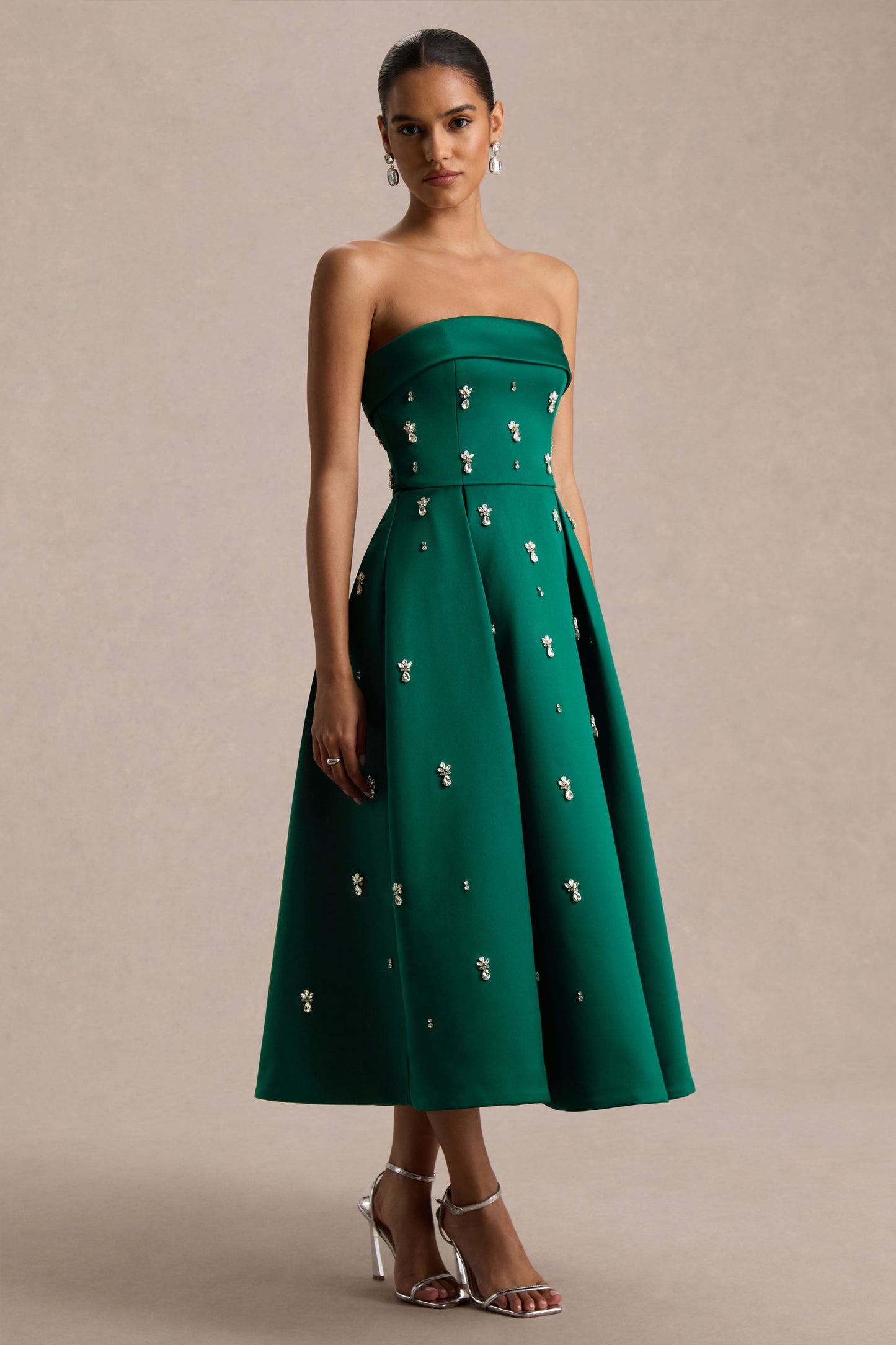 Sylvette | Dark Green Satin Bandeau Skater Midi Dress