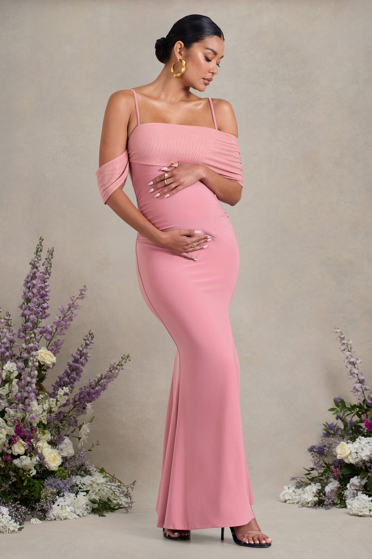 Augusta | Blush Pink Mesh Bardot Strappy Split Maternity Maxi Dress