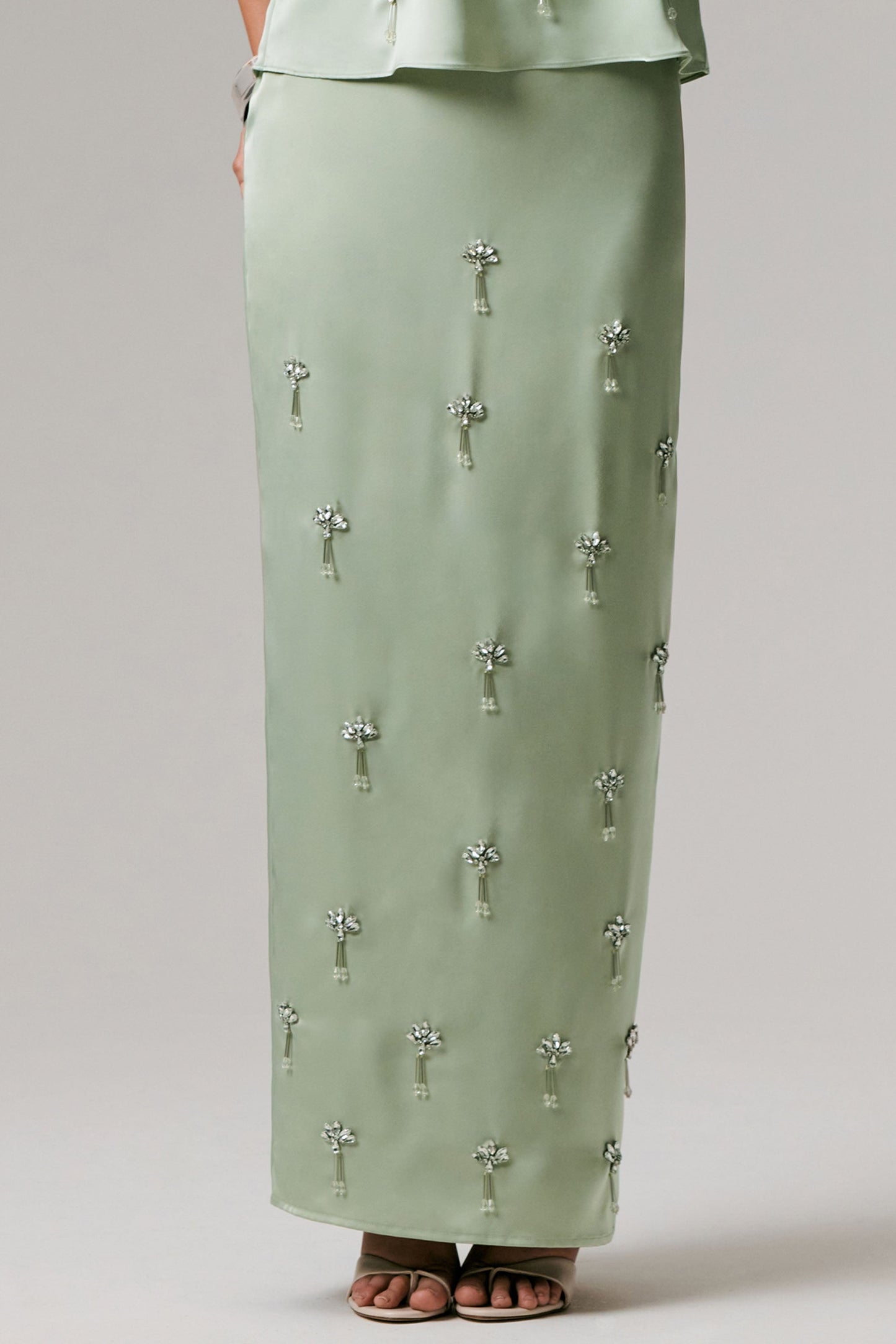 Lena | Mint Satin Embellished Maxi Skirt
