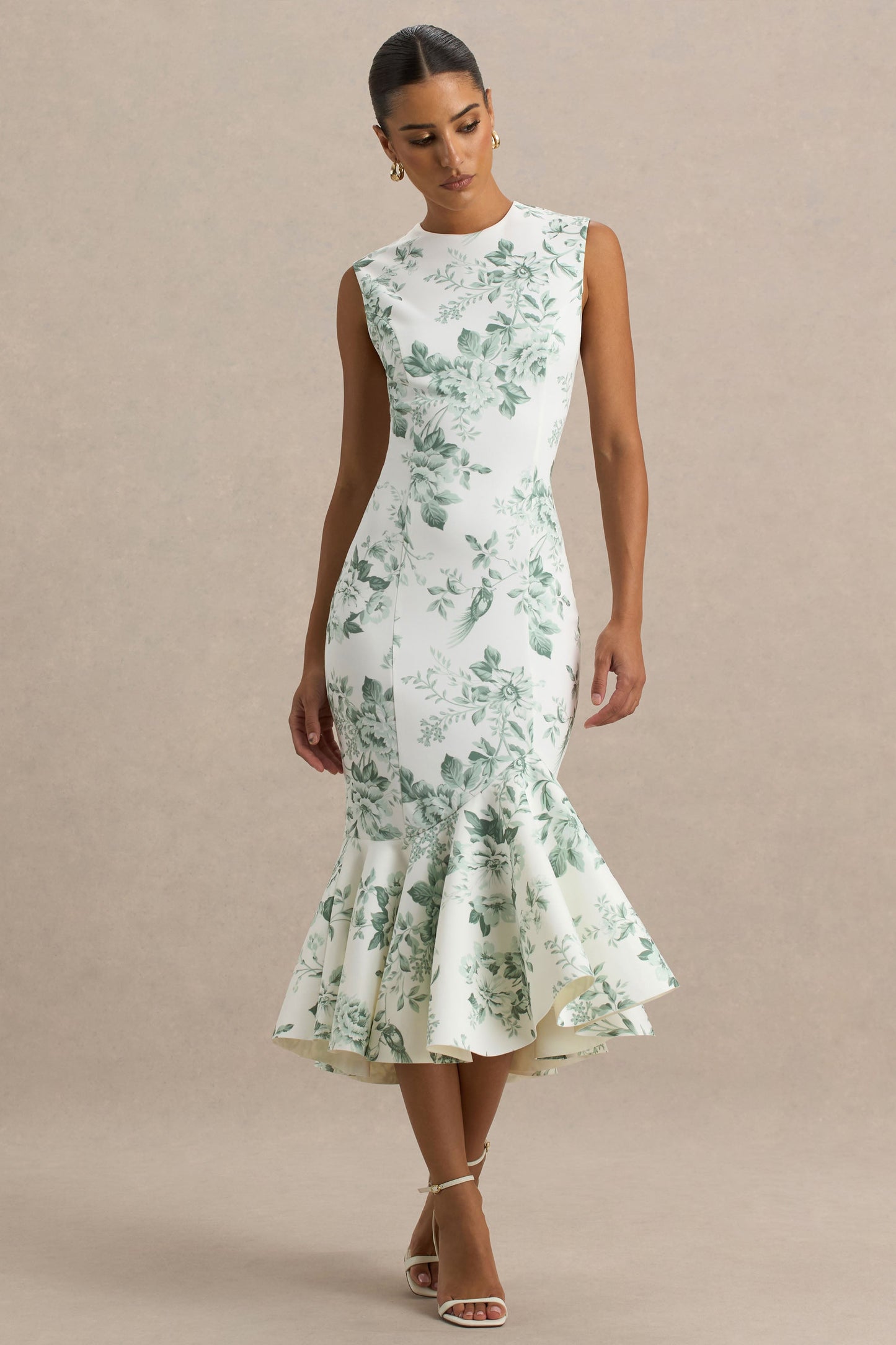 Priceless | Green Porcelain Print Print High-Neck Fishtail Midi Dress
