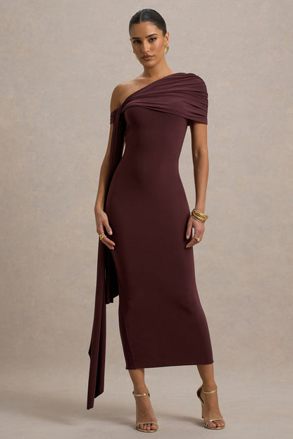 Praia | Burgundy Asymmetric-Neck Midi Dress With Sash and Draped Detailing