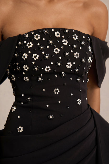 Sylvia | Black Hand-Embellished Bardot-Neck Midi Dress With Draped Satin-Wrap Skirt