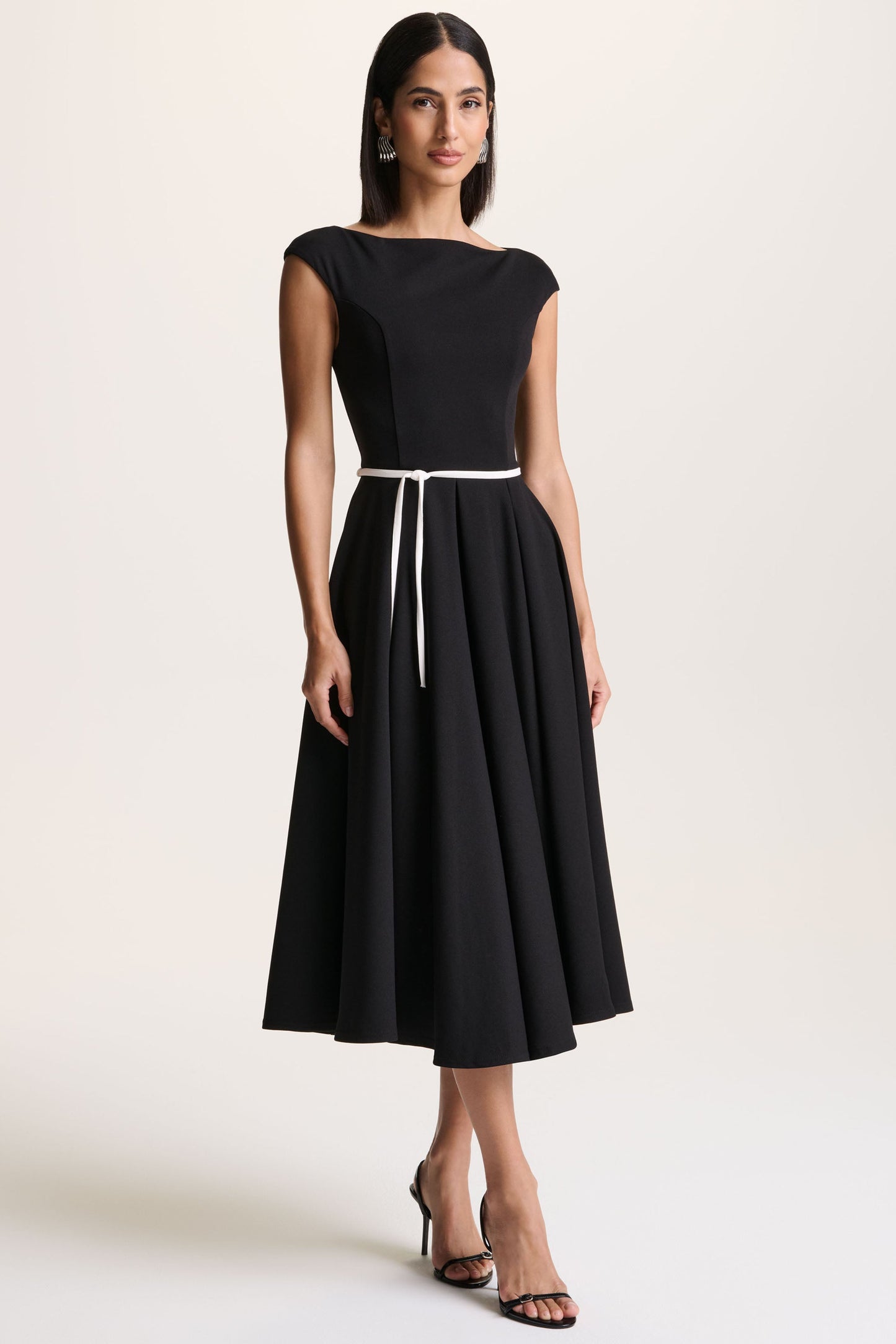 Nataline | Black Round-Neck Midi Dress With White Belt-Detail