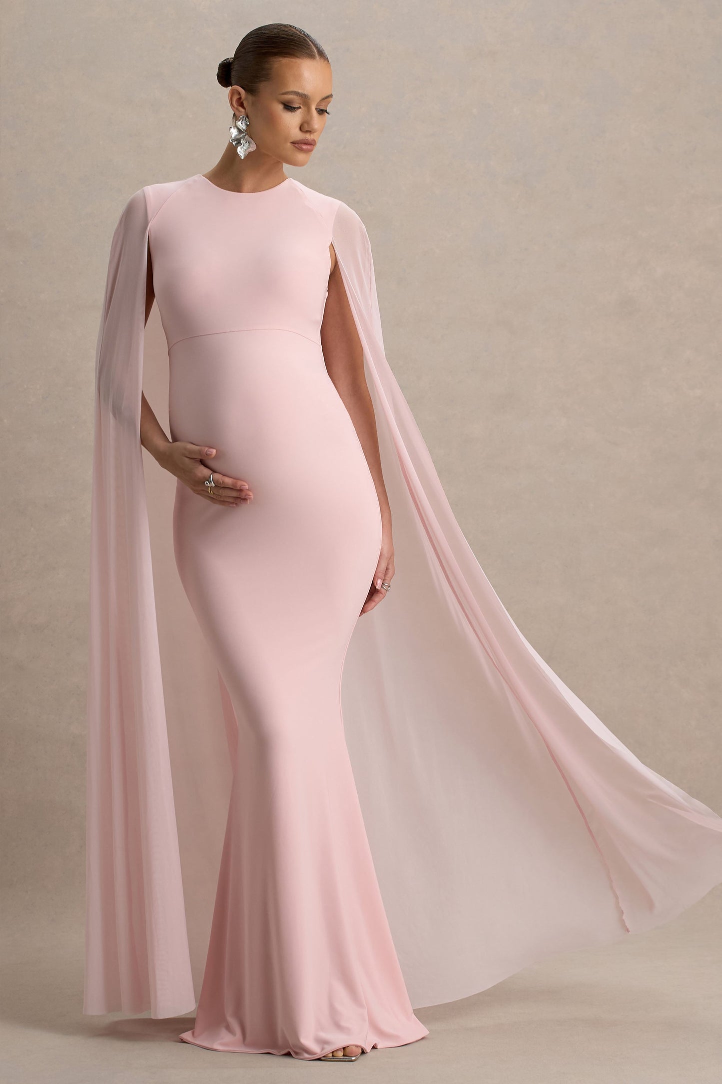 Currant | Pink Crew-Neck Maternity Maxi Dress With Cape