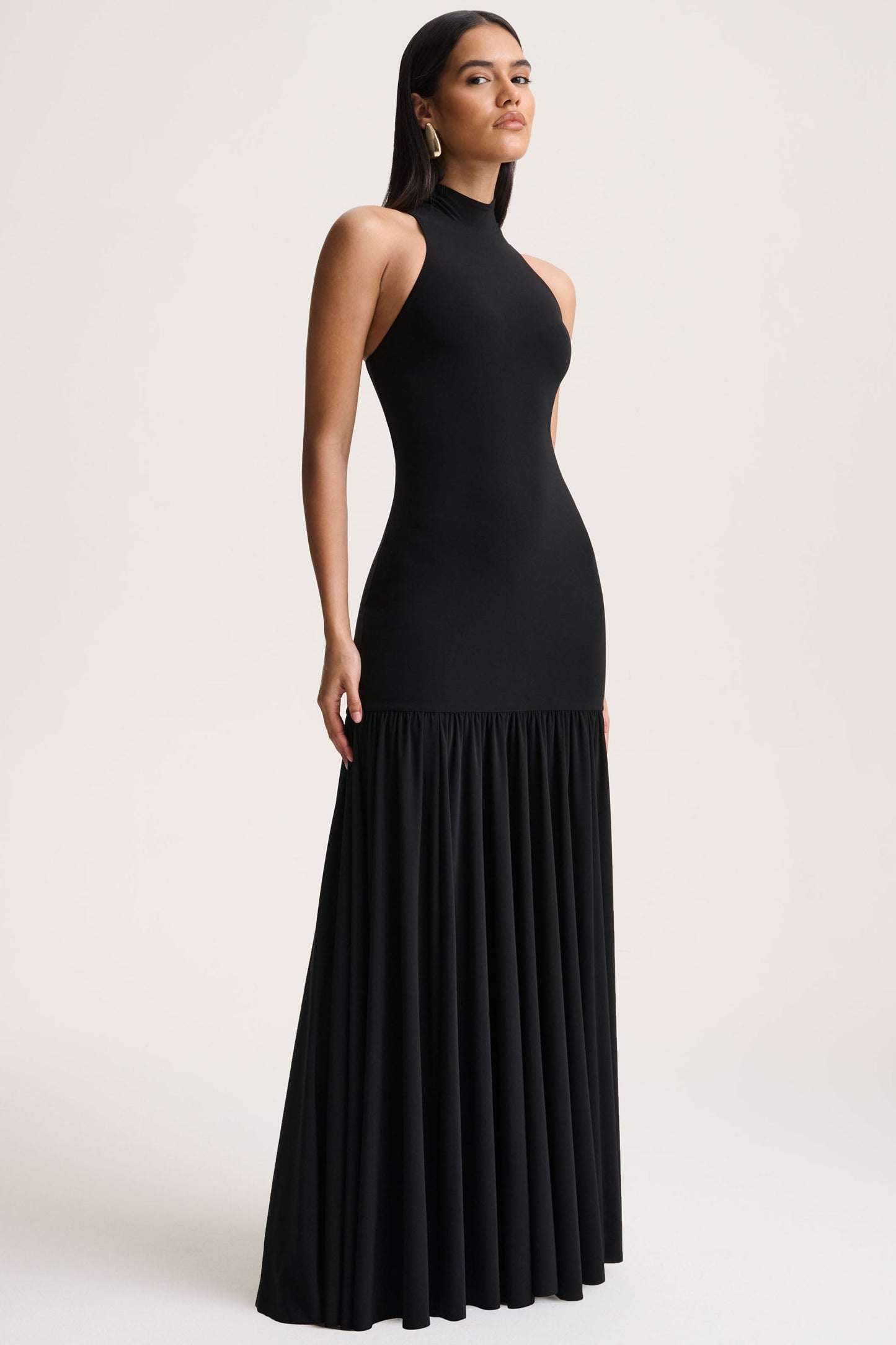 Tasmin | Black High-Neck Maxi Dress With Drop-Waist