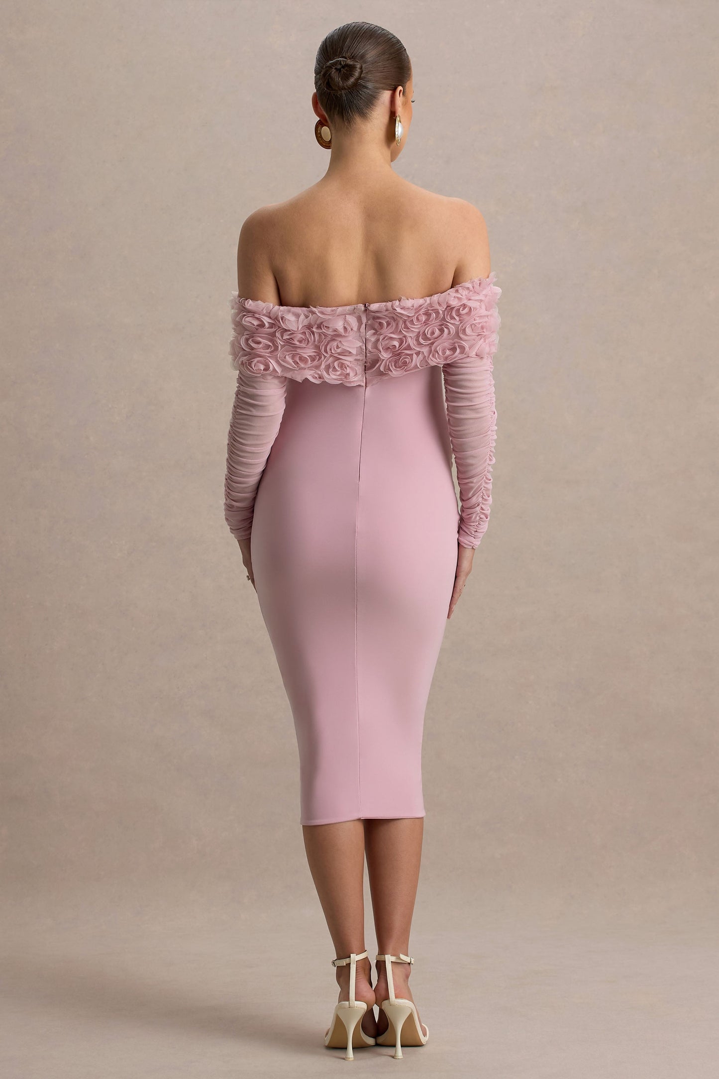 Adita | Blush Pink Mesh Floral Bardot Maternity Midi Dress