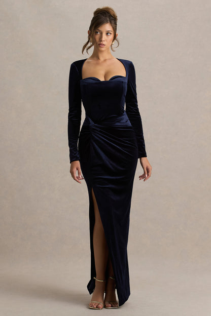 Fay | Navy Velvet Corset Style Knot Maxi Dress