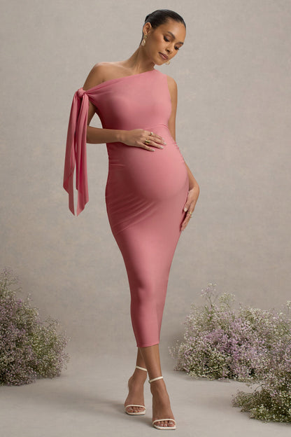 Katarine | Pink Asymmetric Knot Maternity Midi Dress