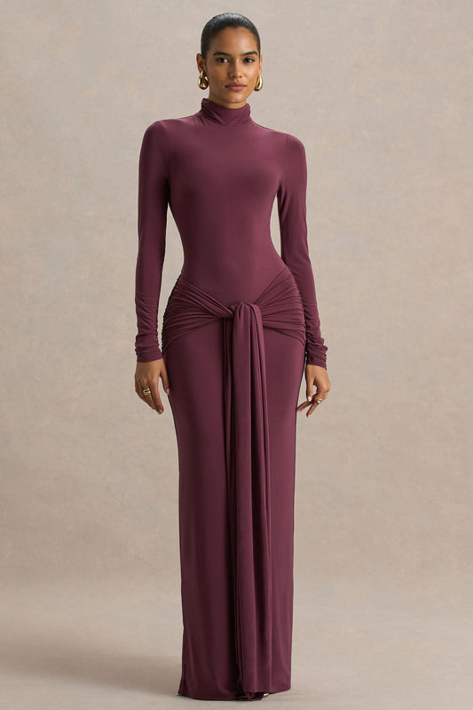 Myra | Burgundy High-Neck Maxi Dress With Sash and Ruched Detailing