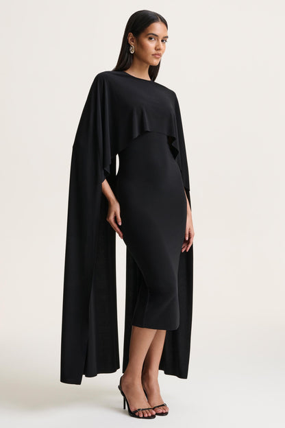Kalani | Black Crew-Neck Midi Dress With Cape-Sleeves