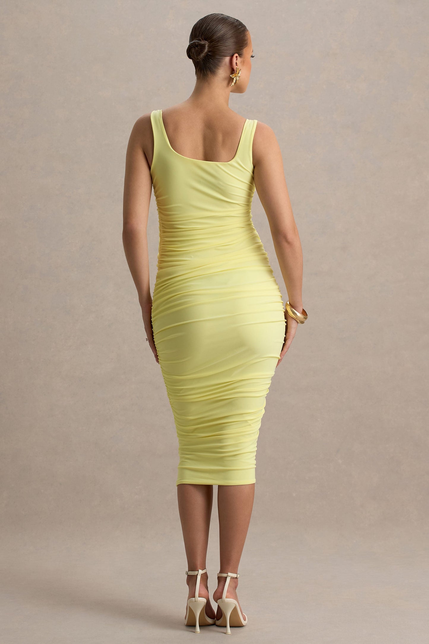 Lisbon | Lemon Maternity Square Neck Ruched Midi Dress