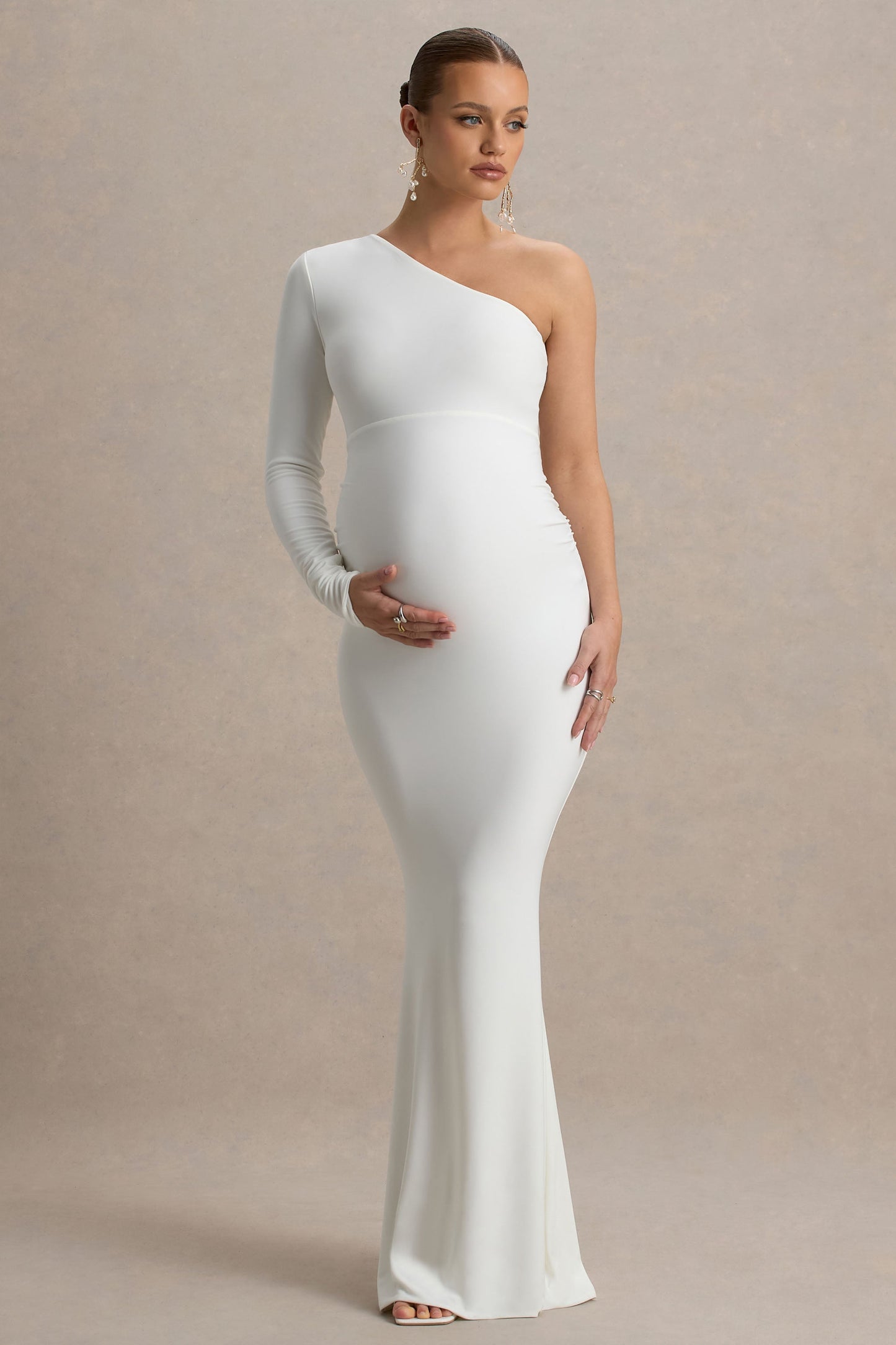 Heloise | White Asymmetric One-Sleeve Maternity Maxi Dress