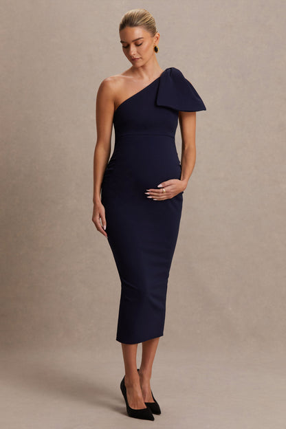 Adorn | Navy Asymmetric Maternity Midi Dress With Shoulder Bow Detail