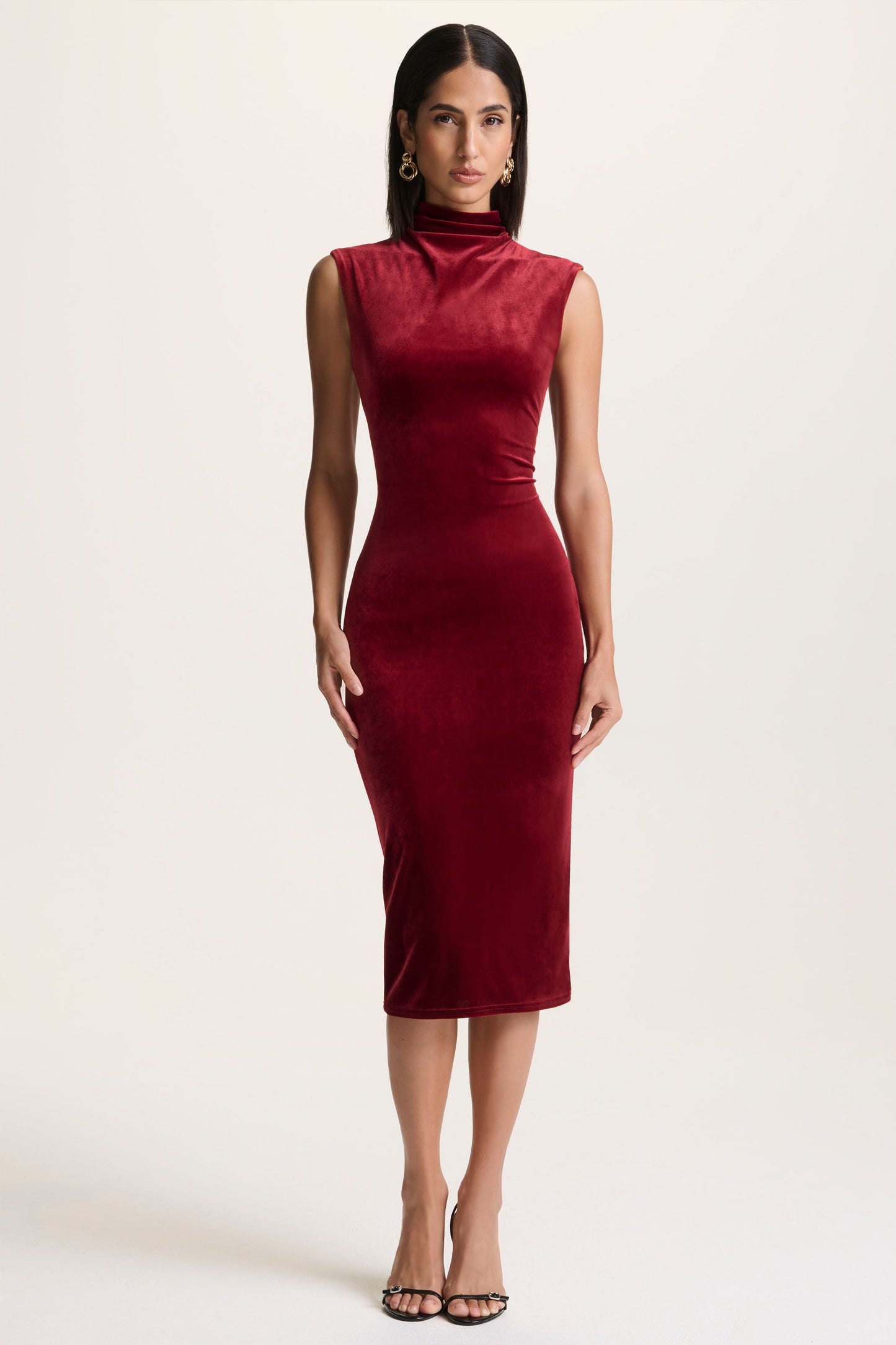 Nivina | Red Velvet High-Neck Midi Dress With Cap-Sleeves