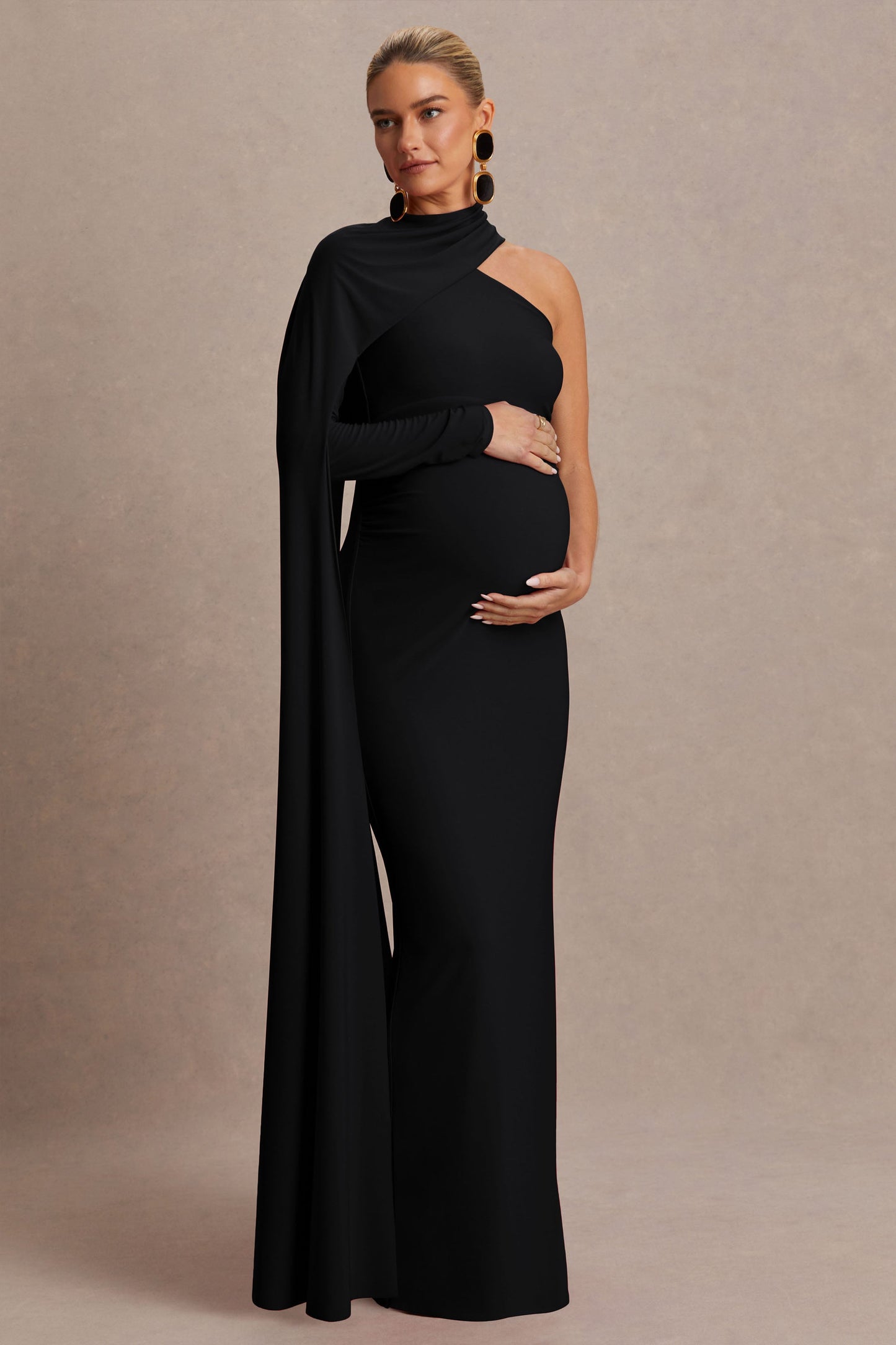 Tessy | Black Asymmetric-Neck Maternity Maxi Dress With Cape-Sleeve
