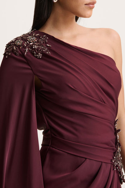 Solace | Dark Plum Asymmetric-Neck Maxi Dress With Front-High Split