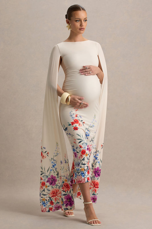 Providence | Light Pink Floral Print Boat-Neck Maternity Midi Dress With Cape Sleeves