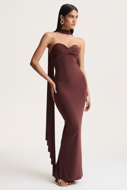 Sheila | Dark Brown Bandeau Maxi Dress With Scarf Detail