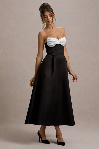 Wintour | Black Satin Sweetheart Midi Dress