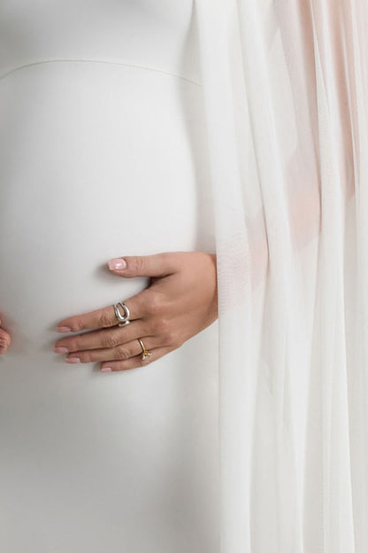 Charlene | White High-Neck Maternity Mini Dress With Mesh Cape