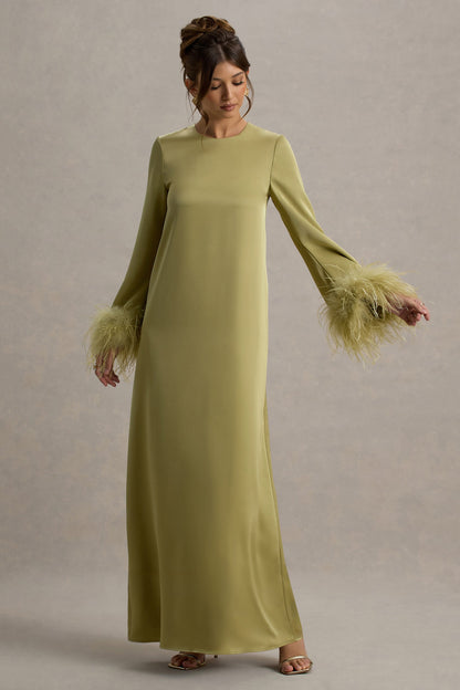 Adella | Light Green Satin Feather-Trim Maxi Dress