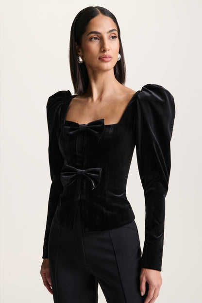 Suzu | Black Velvet Puff-Sleeve Top With Bows