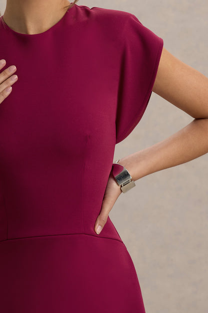Linda | Dark Cherry Crew-Neck Cap-Sleeve Midi Dress
